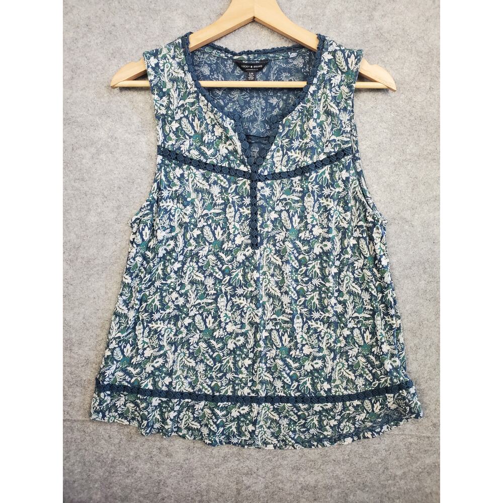 Women's Lucky Brand Size Large Blue & Green Floral Sleeveless Boho Blouse